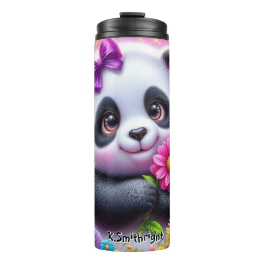 Adorable Panda mit heller Blume Thermosbecher (Vorderseite)