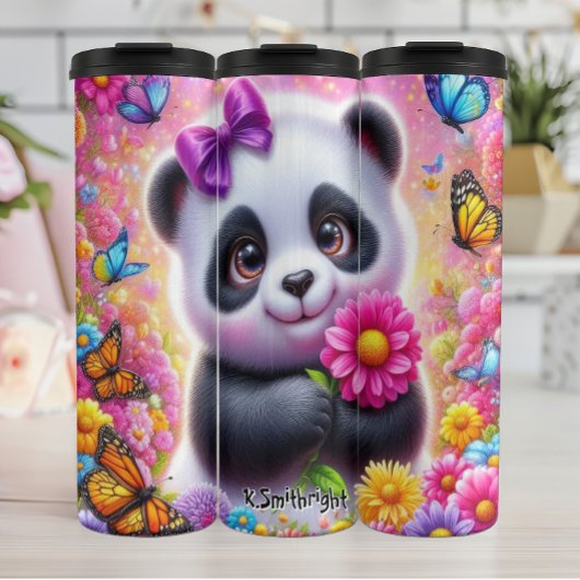 Adorable Panda mit heller Blume Thermosbecher