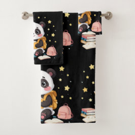 Adorable panda reading , stars,pattern badhandtuch set