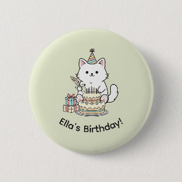 Adorable Party Cat Birthday Cake Light Yellow Art Button