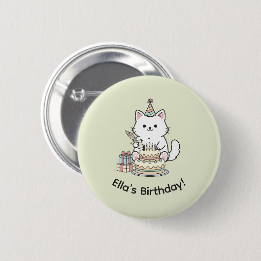 Adorable Party Cat Birthday Cake Light Yellow Art Button (Vorne & Hinten)
