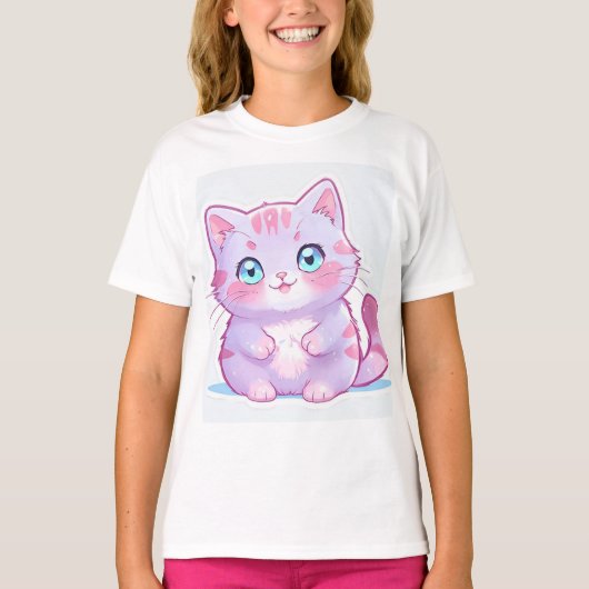 Adorable Pastel Lila Cartoon Katze für Mädchen T-Shirt (Vorderseite)