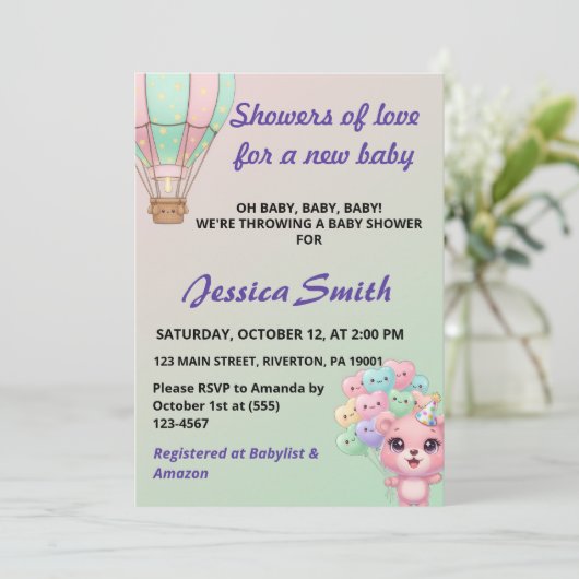 Adorable Pastel Pink und Minze Green Baby Dusche Einladung (Stehend Vorderseite)