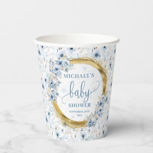 Adorable pastellblaue Blumen Gold boho Papier Bech Pappbecher (Rückseite)