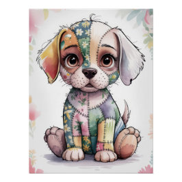 Adorable Patchwork Puppy with Big Eyes - Whimsical Poster