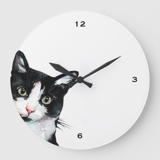 Adorable Peeking Cat Black and White Clock Große Wanduhr (Vorderseite)