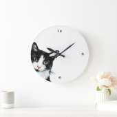 Adorable Peeking Cat Black and White Clock Große Wanduhr (Zuhause)