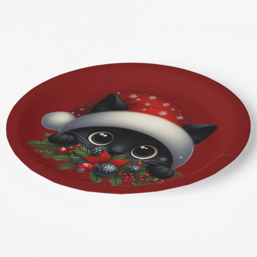 Adorable Peeking Weihnachts Schwarze Katze Pappteller (Schrägansicht)