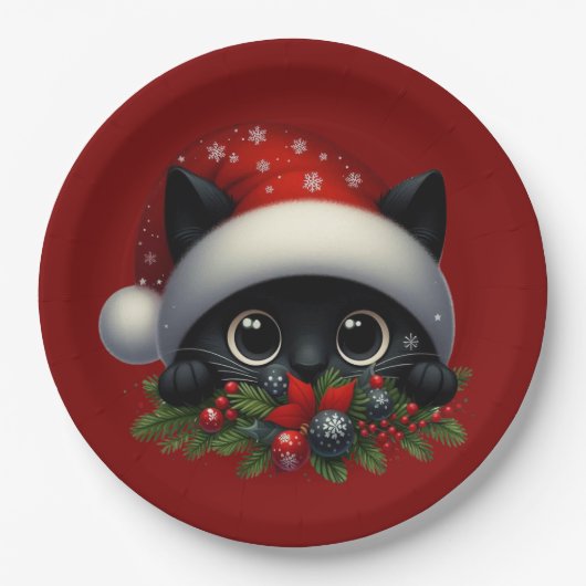 Adorable Peeking Weihnachts Schwarze Katze Pappteller (Vorderseite)