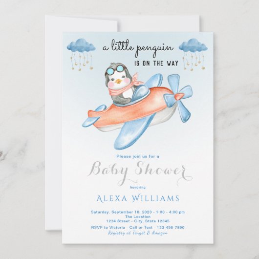 Adorable Pinguin Blue Theme Baby Boy Dusche Einladung (Vorderseite)