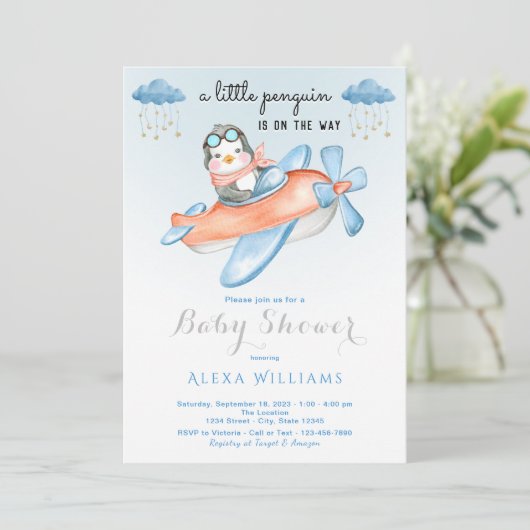 Adorable Pinguin Blue Theme Baby Boy Dusche Einladung (Stehend Vorderseite)