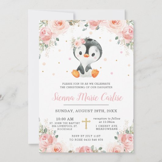 Adorable Pinguin Blush Floral Girening Einladung (Vorderseite)
