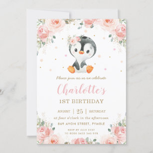 Adorable Pinguin Blush Floral Girl 1. Geburtstag  Einladung