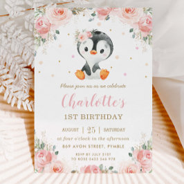 Adorable Pinguin Blush Floral Girl 1. Geburtstag Einladung