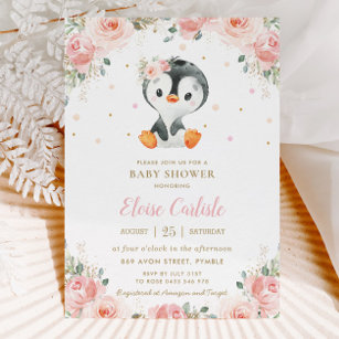 Adorable Pinguin Blush Floral Girl Babydusche Einladung