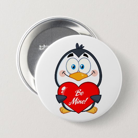 Adorable Pinguin Holding Be Mine Herz Button (Vorne & Hinten)