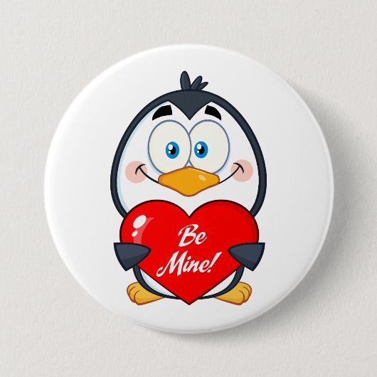 Adorable Pinguin Holding Be Mine Herz Button (Vorderseite)