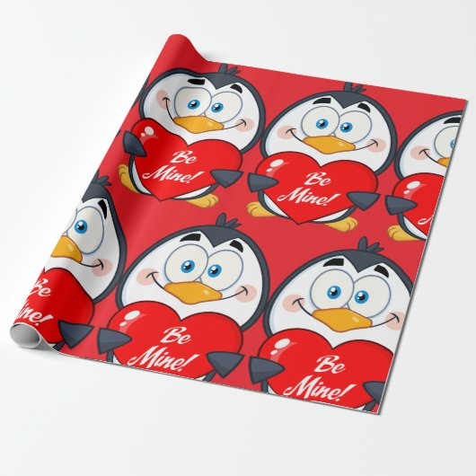 Adorable Pinguin Holding Be Mine Herz Geschenkpapier (Ungerollt)