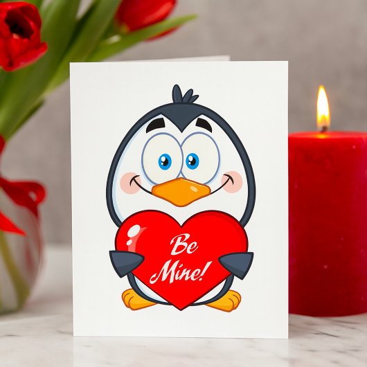 Adorable Pinguin Holding Be Mine Herz Karte