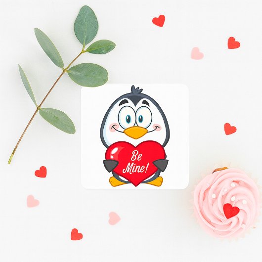 Adorable Pinguin Holding Be Mine Herz Quadratischer Aufkleber