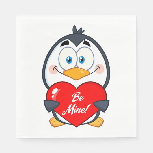 Adorable Pinguin Holding Be Mine Herz Serviette (Vorderseite)