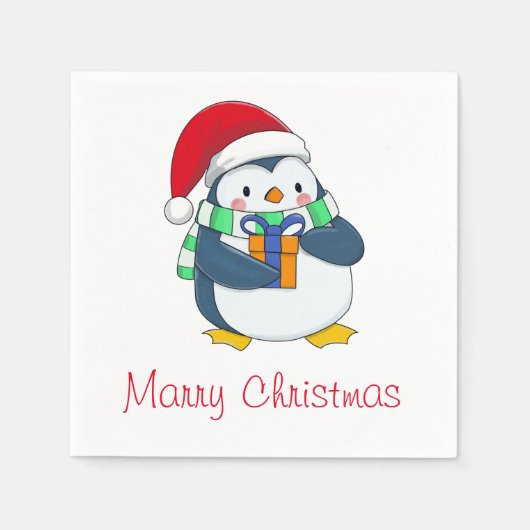 Adorable Pinguin in Weihnachtshut mit Geschenk Nap Serviette (Vorderseite)