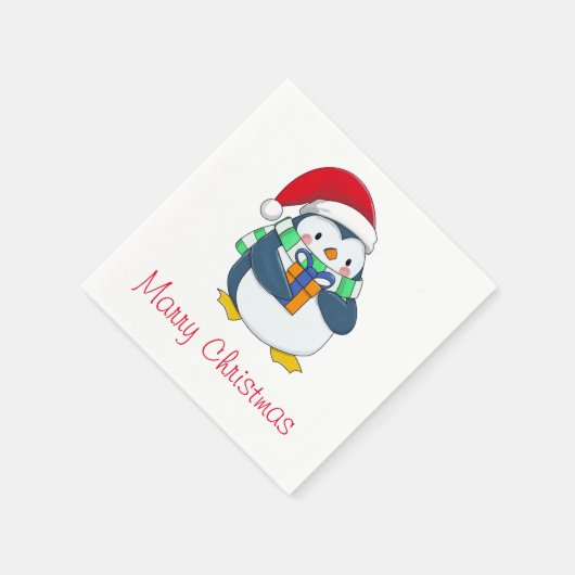 Adorable Pinguin in Weihnachtshut mit Geschenk Nap Serviette (Ecke)
