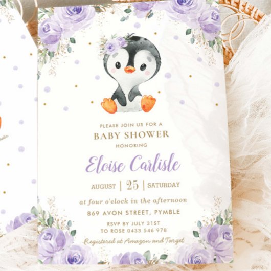 Adorable Pinguin Lila florale Girl Babydusche Einladung