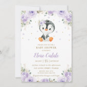 Adorable Pinguin Lila florale Girl Babydusche Einladung (Vorderseite)