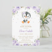Adorable Pinguin Lila florale Girl Babydusche Einladung (Stehend Vorderseite)