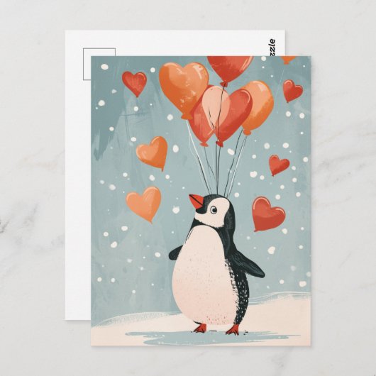 Adorable Pinguin mit Herzballon Postkarte (Vorne/Hinten)