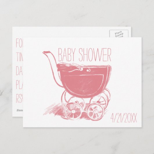 Adorable Pink Baby Girl Carriage Retro Baby Dusche Einladungspostkarte (Vorne/Hinten)