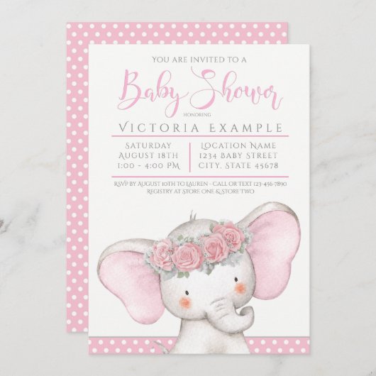 Adorable Pink Baby Girl Elephant Baby Dusche Einladung (Vorne/Hinten)