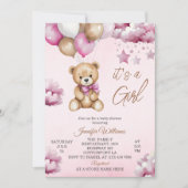 Adorable Pink Balloons Teddy Girl Babydusche Einladung (Vorderseite)