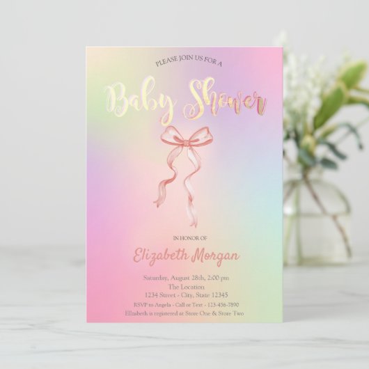Adorable Pink Bow Holographic Baby Dusche Einladung (Stehend Vorderseite)