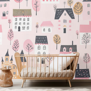 "Adorable Pink City Houses Tapete