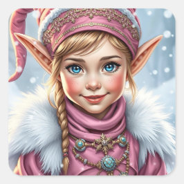 Adorable Pink Elf Feierliche Weihnachten Quadratischer Aufkleber