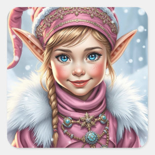 Adorable Pink Elf Feierliche Weihnachten Quadratischer Aufkleber