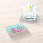 Adorable Pink Flamingo Palm Blätter Glasuntersetzer (Schrägansicht)