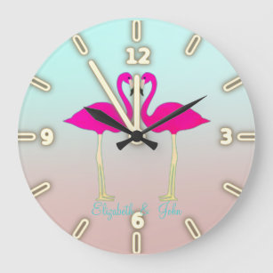 Adorable Pink Flamingos In Love-Personalized Große Wanduhr