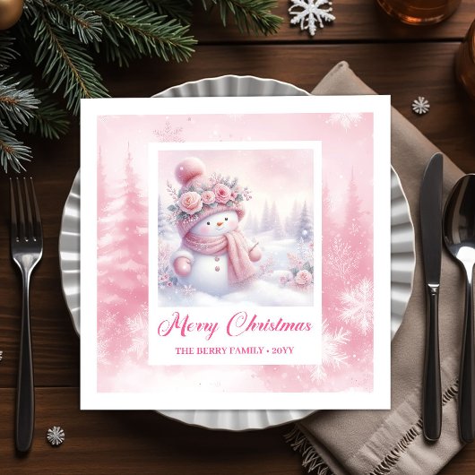 Adorable Pink Snowman Christmas Scene Napkins Kids Serviette