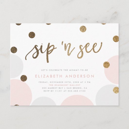 Adorable Pink und Grau Pastellbläschen Sip & See Einladungspostkarte (Vorderseite)