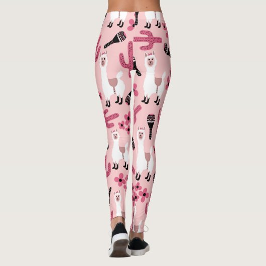 Adorable Pink White Llama Maraca Cactus Floral Leggings (Rückseite)