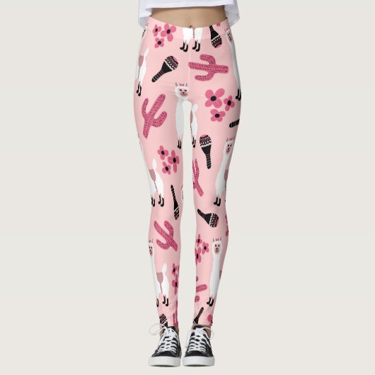 Adorable Pink White Llama Maraca Cactus Floral Leggings (Vorderseite)