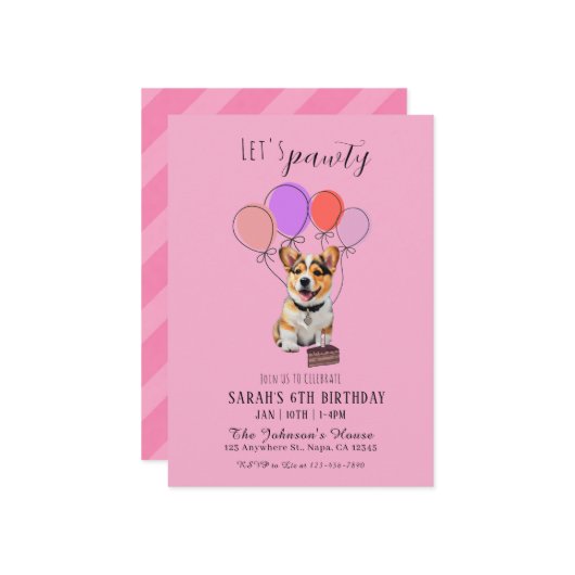 Adorable Playful Pink Corgi Birthday Customizable Einladung (Vorderseite/Rückseite Beispiel)