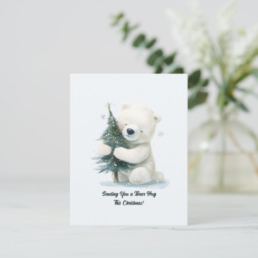 Adorable Polar Bär umarmt Weihnachtsbaum, Niedlich RSVP Karte (Stehend Vorderseite)