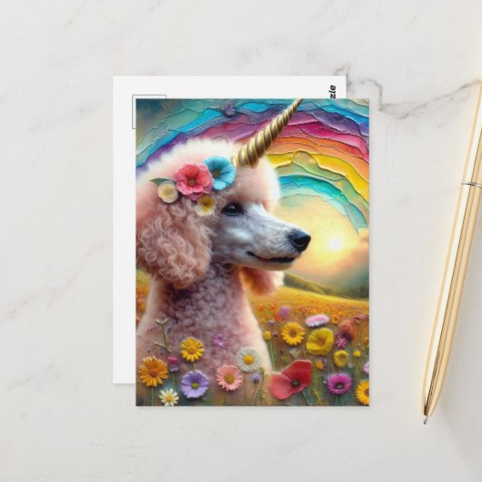 Adorable Poodle Unicorn in Wildblumen Postkarte (Vorderseite/Rückseite Beispiel)