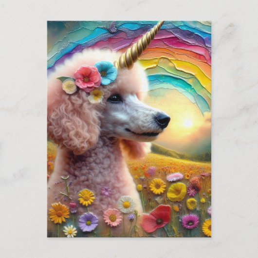 Adorable Poodle Unicorn in Wildblumen Postkarte (Vorderseite)