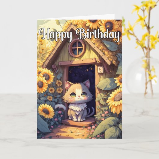Adorable Posing Kitty Cat Illustration Karte (Gelbe Blume)