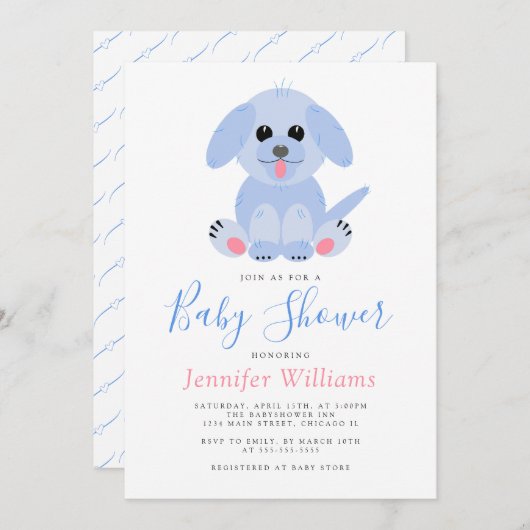 Adorable Puppy Blue Personalisiert Baby Boy Dusche Einladung (Vorne/Hinten)